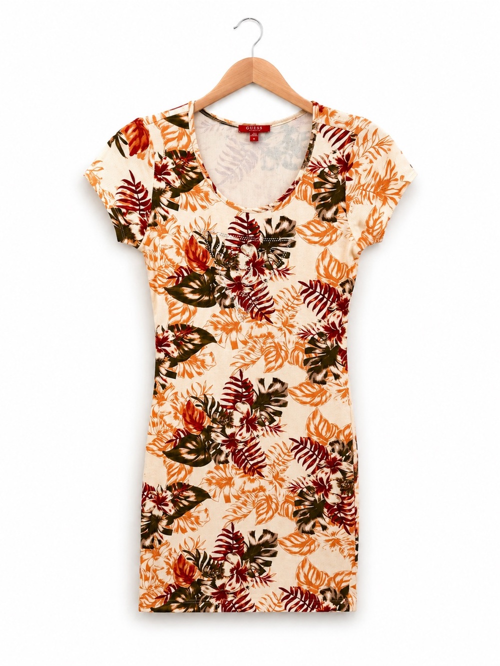Guess Tropical Scoop Neck Swim Cover-Up in Cream with Orange & Green Leaves